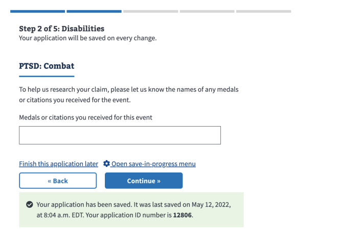 A screenshot of the 526ez VA disability application form. It shows a form field with a question asking if the veteran was awarded medals or citations during their service, and below there is a 'yes' and 'no' option.